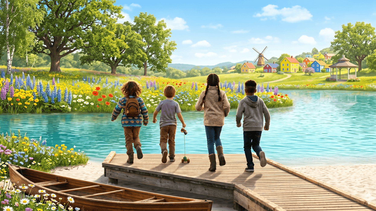 Children running on a wooden dock by a lake, surrounded by flowers and colorful houses.