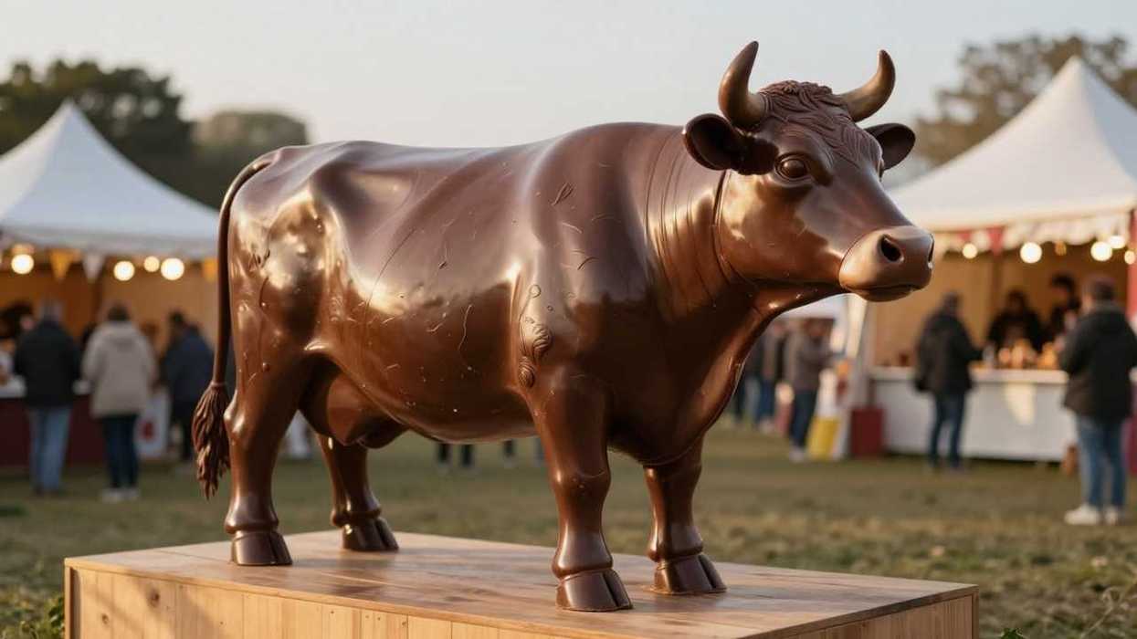 Chocolate cow sculpture on a wooden base at an outdoor event with tents.