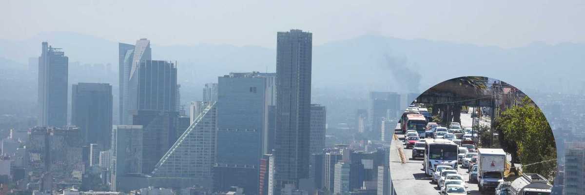 City skyline with tall buildings, inset shows roadway traffic congestion.
