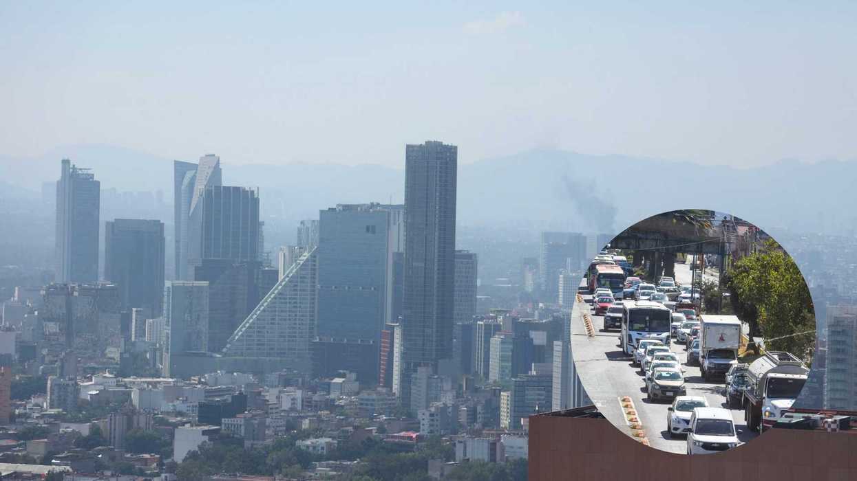 City skyline with tall buildings, inset shows roadway traffic congestion.