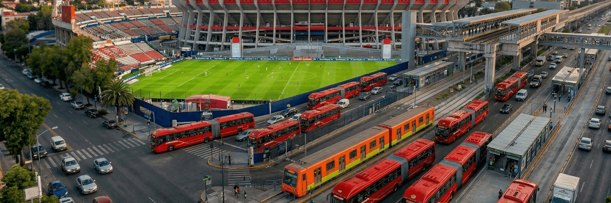 City stadium with surrounding traffic, buses, and train at sunset.