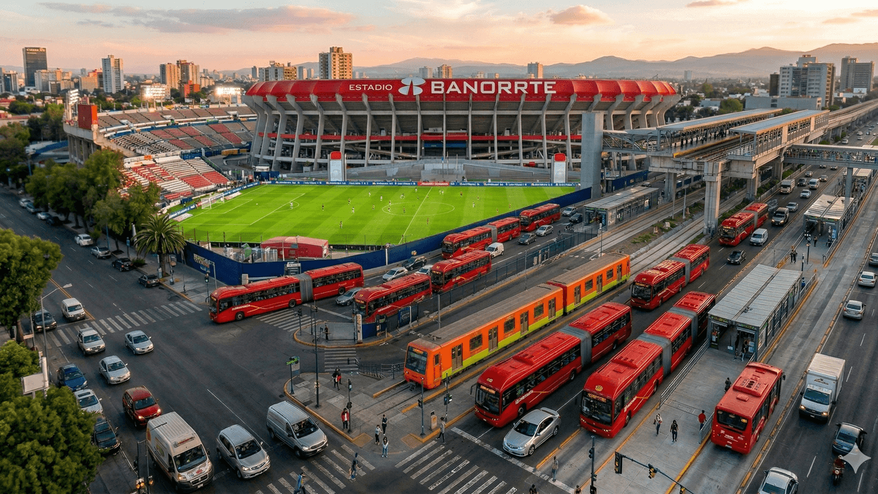 City stadium with surrounding traffic, buses, and train at sunset.