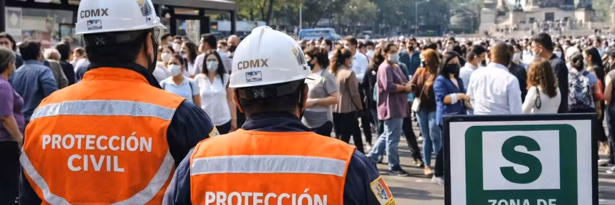 Civil protection workers oversee a crowd in a designated safety zone on a city street.
