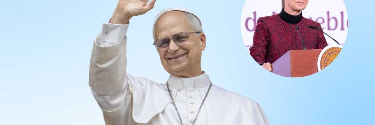 Cleric waving, inset of a woman speaking at a podium, blue gradient background.