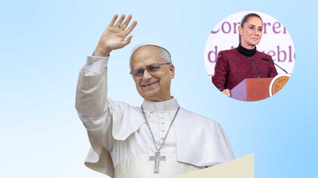 Cleric waving, inset of a woman speaking at a podium, blue gradient background.