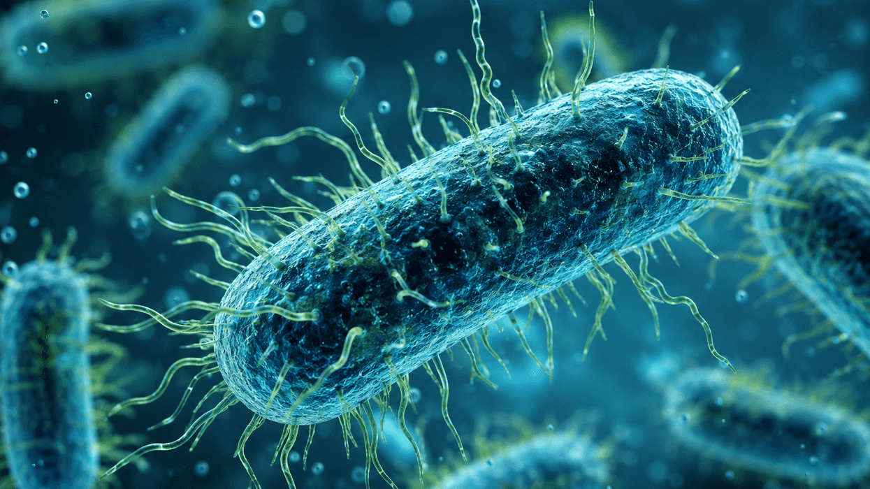 Close-up illustration of a bacterium with flagella in a blue environment.