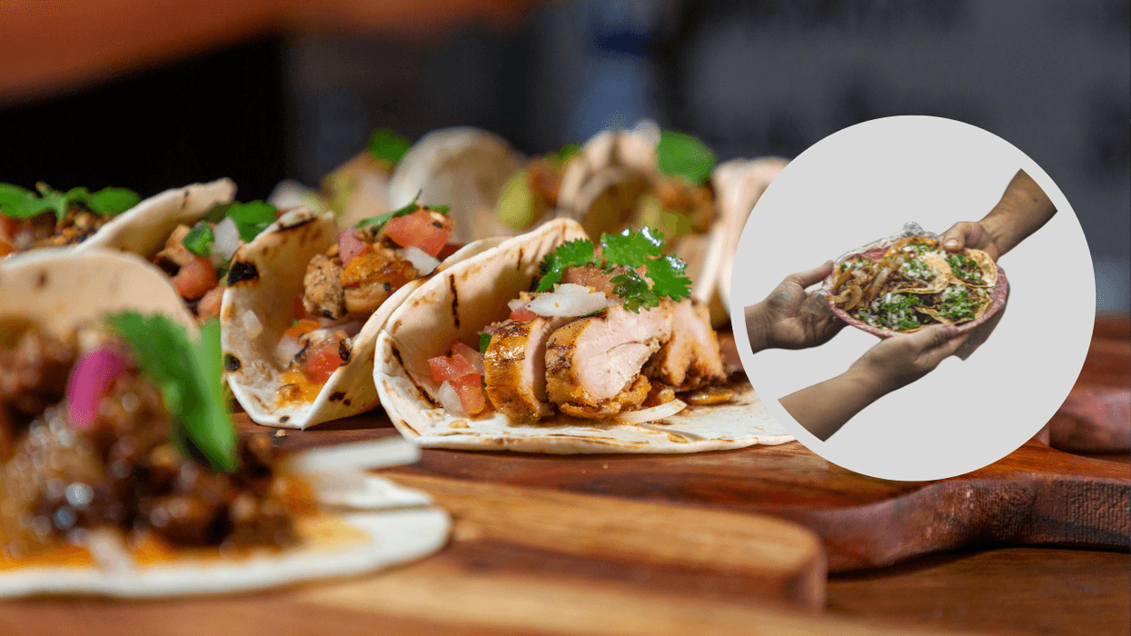 Close-up of tacos with meat and toppings, inset showing hands holding a taco plate.