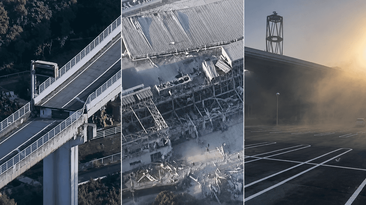 Collage: Broken bridge, damaged building, empty parking lot with smoke or fog at sunset.