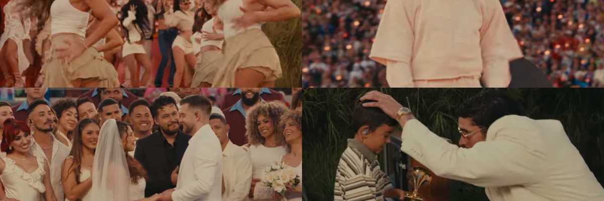 Collage: dancers, sports crowd, wedding ceremony, and man awarding a child with a trophy.