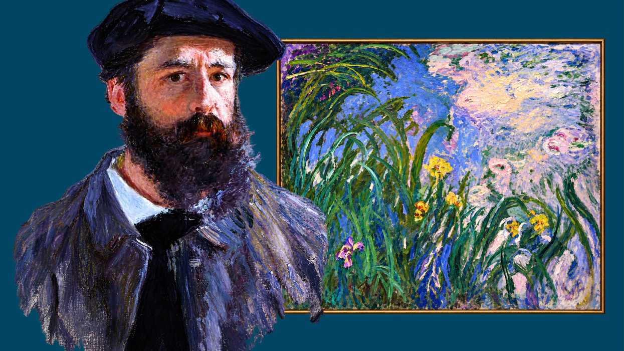 Collage de Monet, artista plástico del impresionismo con su obra Iris.
