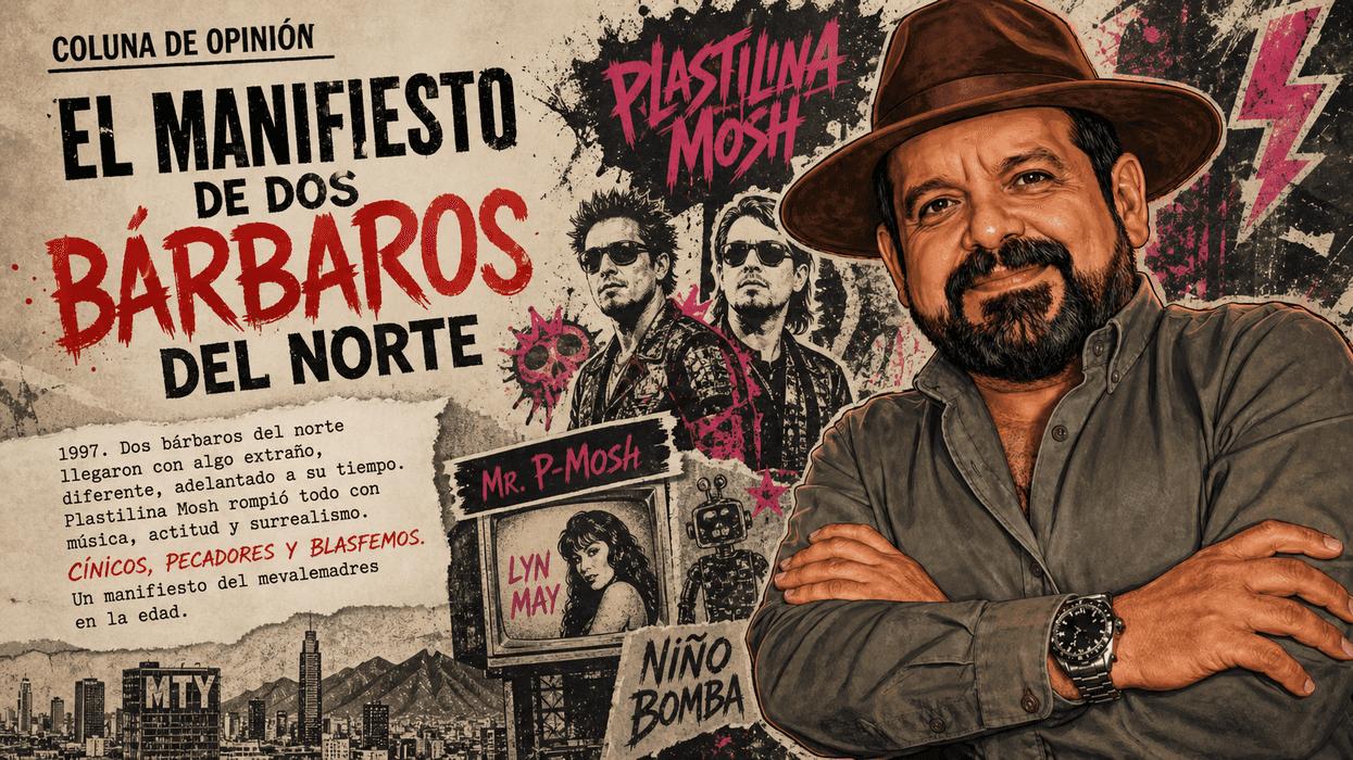 Collage of a man in a hat, band image, and text about Plastilina Mosh's manifesto.