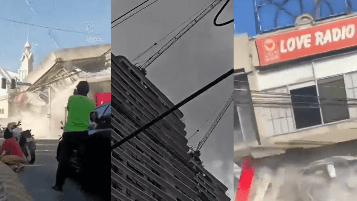 Collage of buildings collapsing amidst dust and debris, people watching and photographing.