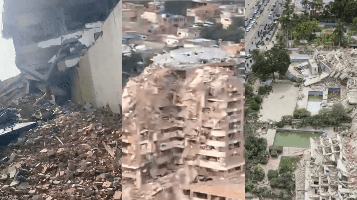 Collage of damaged buildings and debris after a destructive earthquake.