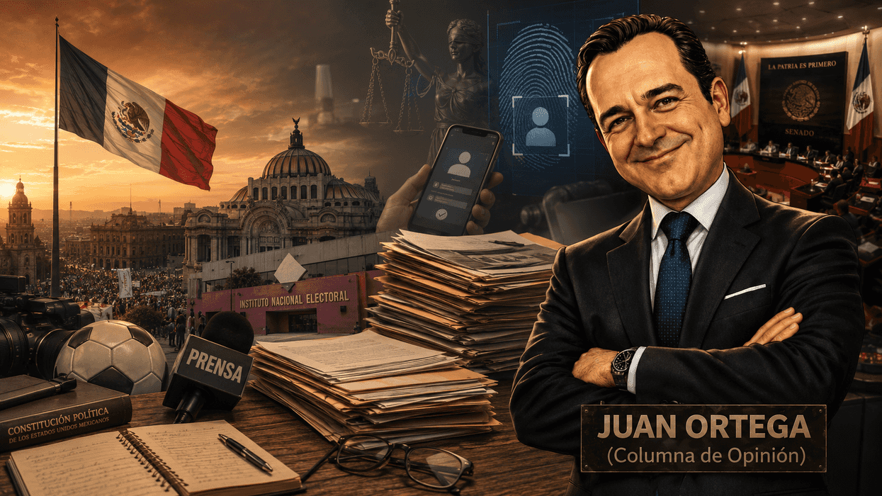Collage of Mexican politics: flag, buildings, documents, man named Juan Ortega, and symbols.