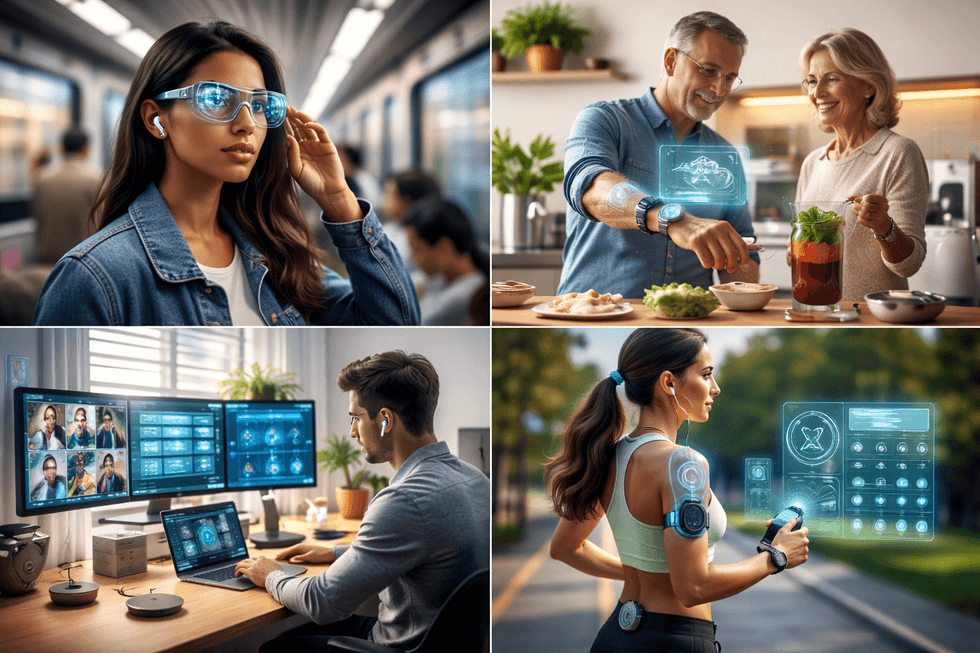 Collage of people using futuristic wearable technology in various settings.