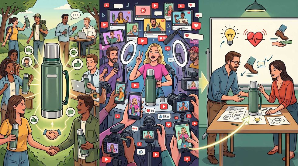 Collage showing thermos used in social, media, and design contexts with diverse people.