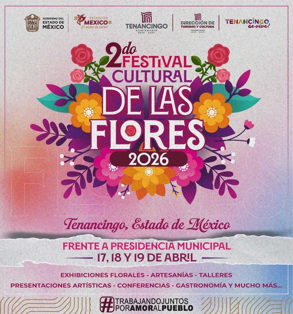 Colorful poster for the 2026 Tenancingo Flower Cultural Festival in Mexico, April 17-19.