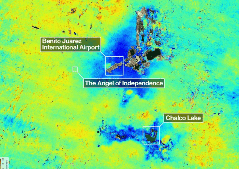 Colorful satellite image showing Benito Juarez Airport, Angel of Independence, and Chalco Lake.