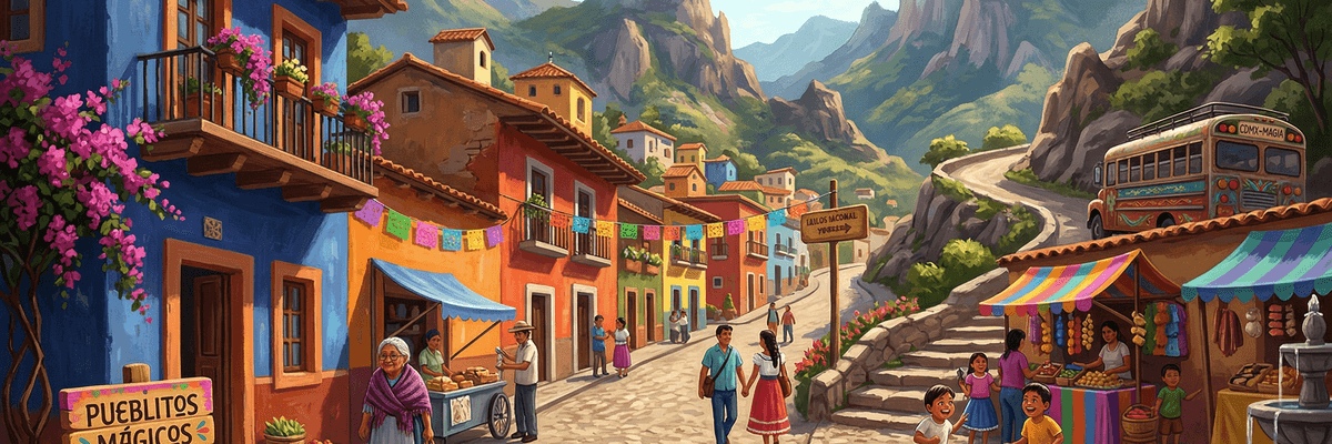 Colorful village street with market stalls, cobblestones, and mountains in the background.