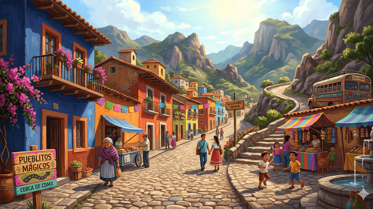 Colorful village street with market stalls, cobblestones, and mountains in the background.