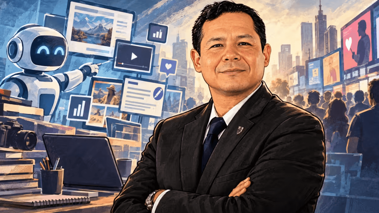 Confident man in a suit with digital and AI-themed backdrop, featuring a friendly robot.