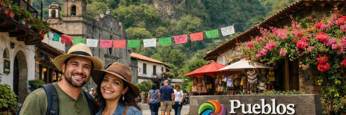 Couple smiling in colorful village street, "Pueblos Mágicos" sign, scenic mountain backdrop.