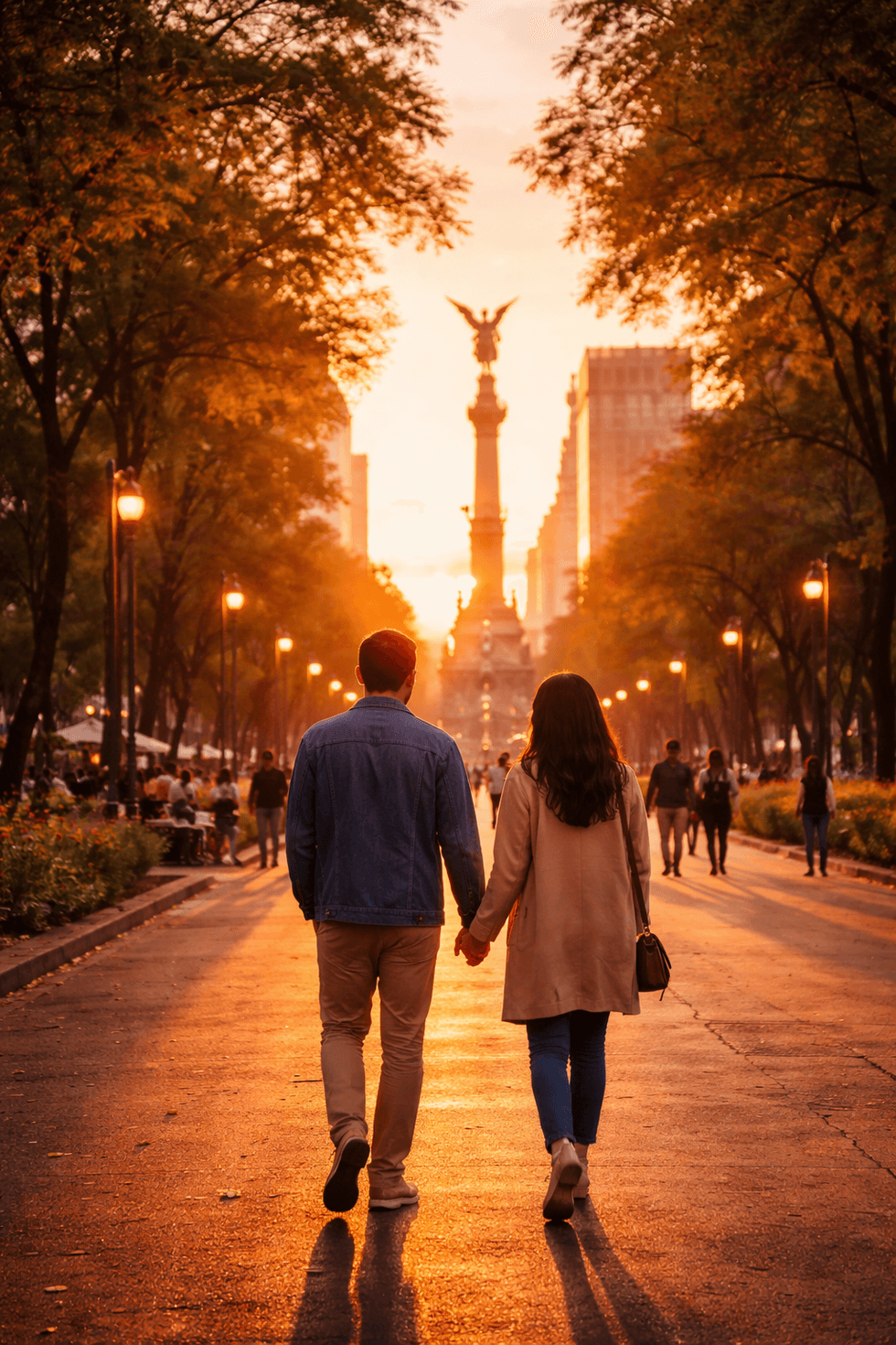 Couple walks hand in hand at sunset, near a monument, surrounded by trees and urban scenery.