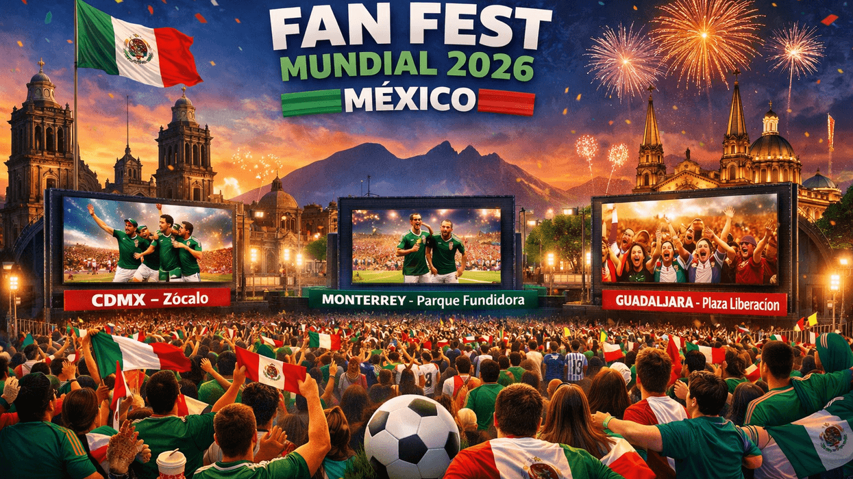 Crowd at 2026 World Cup Fan Fest in Mexico with fireworks and large screens.