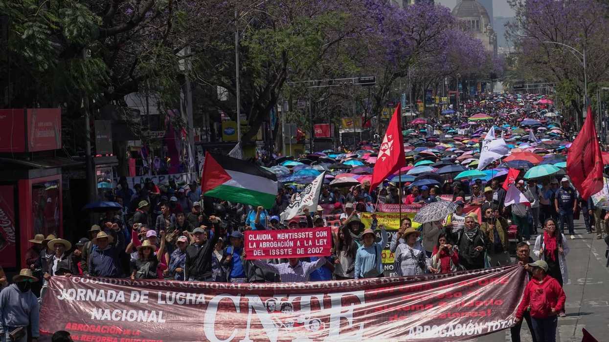 Crowd marching on a city street with banners and umbrellas, surrounded by purple trees.