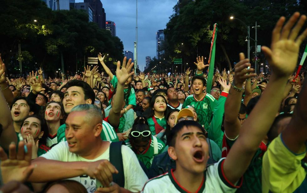 Crowd of jubilant fans in green jerseys cheering outdoors at dusk.