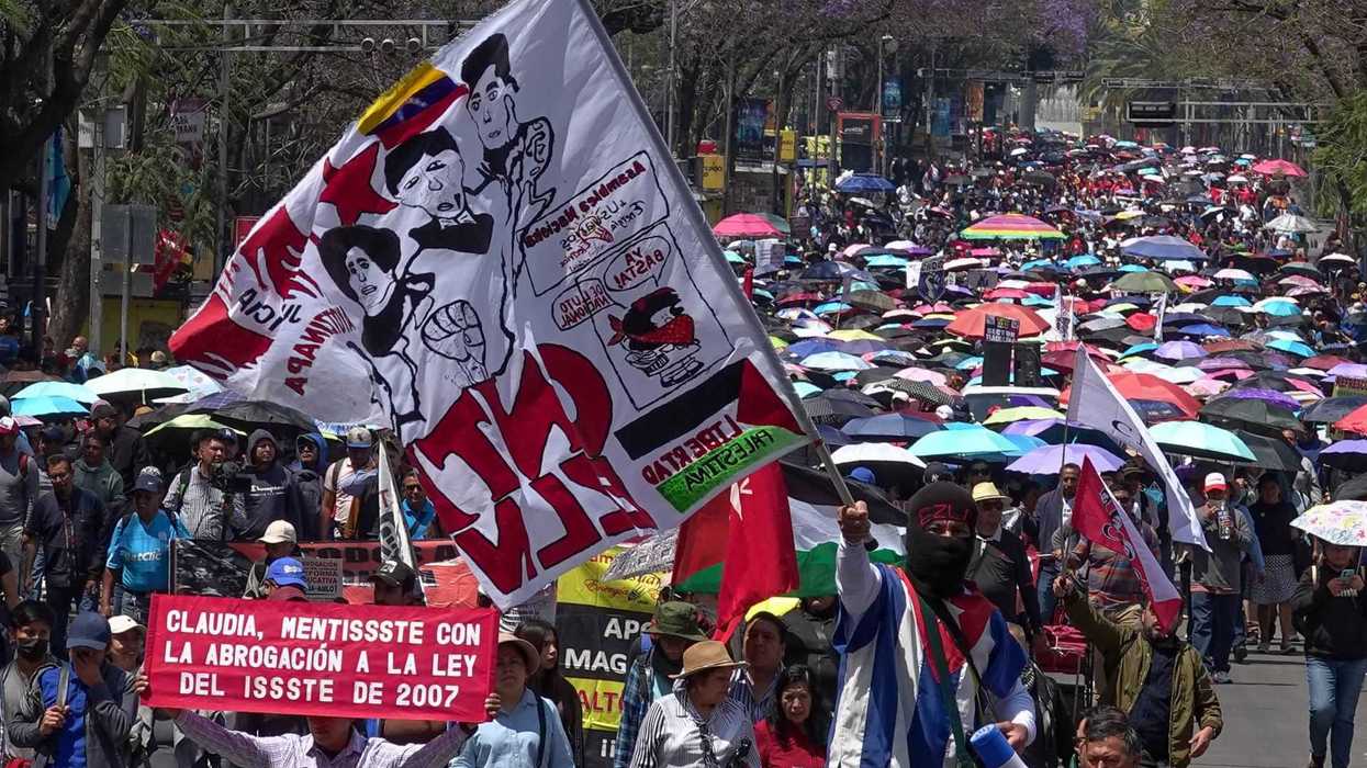 Crowd of protesters with banners and umbrellas march down a street lined with purple trees.