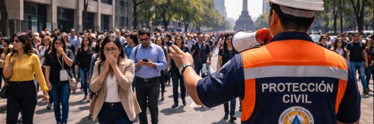 Crowd on street during evacuation drill, guided by a civil protection officer with a megaphone.
