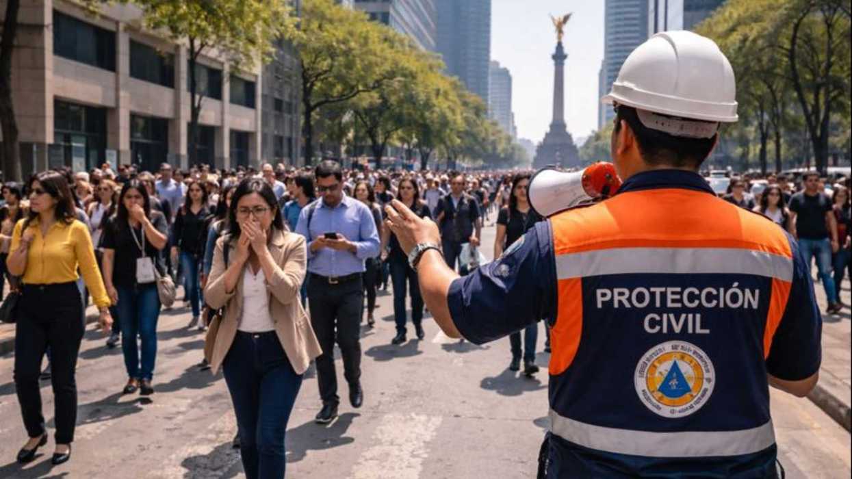 Crowd on street during evacuation drill, guided by a civil protection officer with a megaphone.