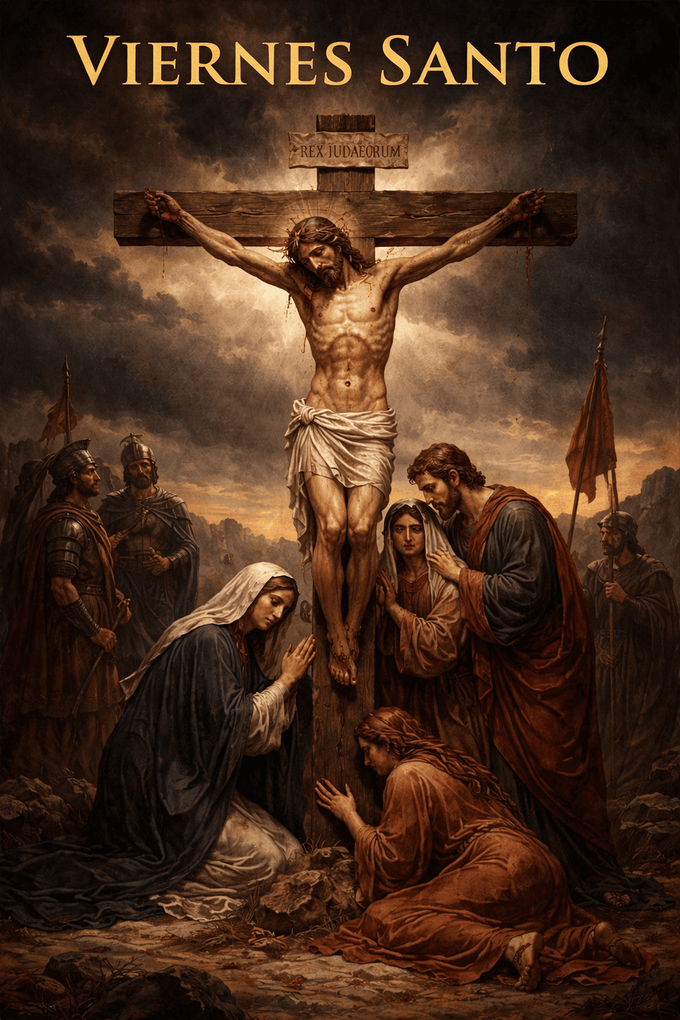 Crucifixion scene with mourners, titled "Viernes Santo," dark clouds in the background.