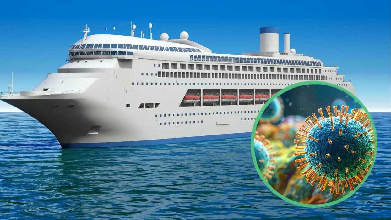 Cruise ship on ocean with enlarged virus depiction in a circle overlay.
