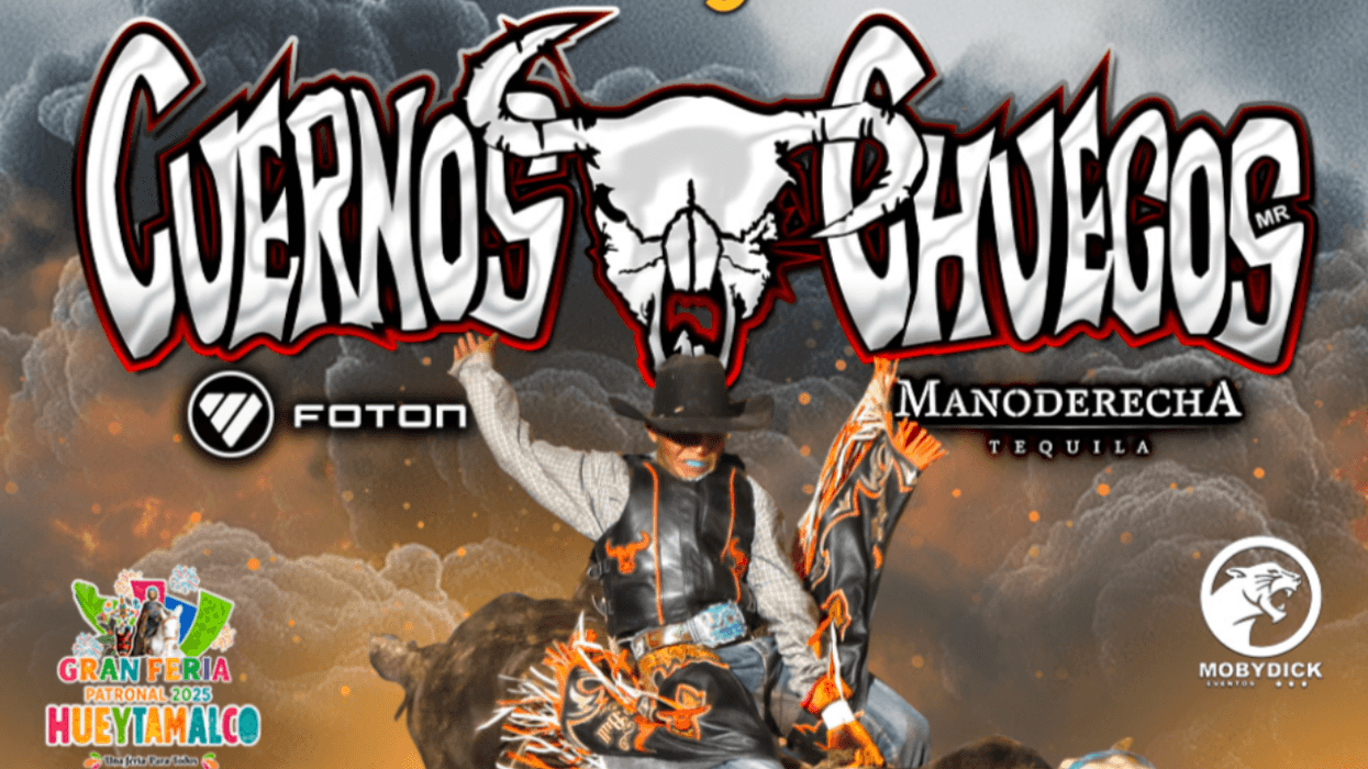 "Cuernos Chuecos rodeo event poster with cowboy and bull imagery."