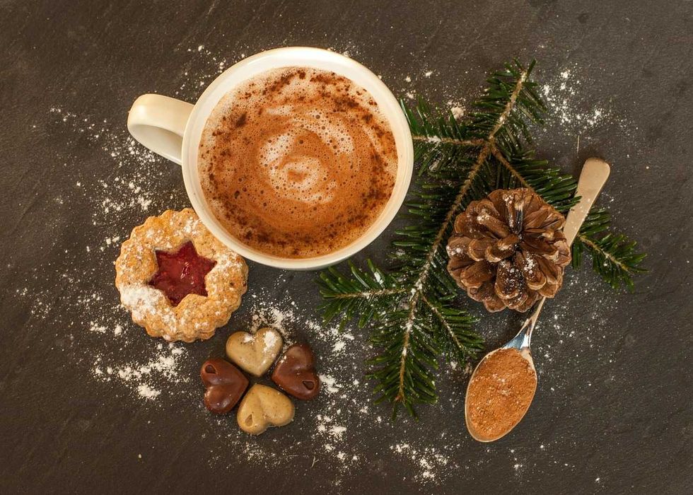 Cup of cocoa with cookies, pine sprig, and pine cone on a dark surface.