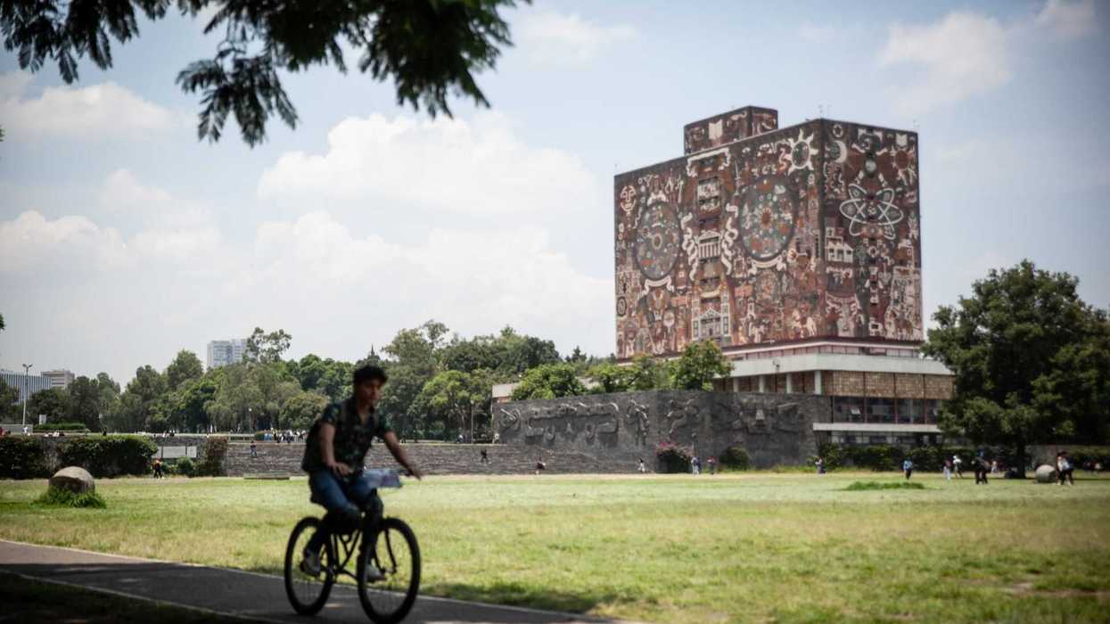 Cyclist near mural-covered building on a sunny day.