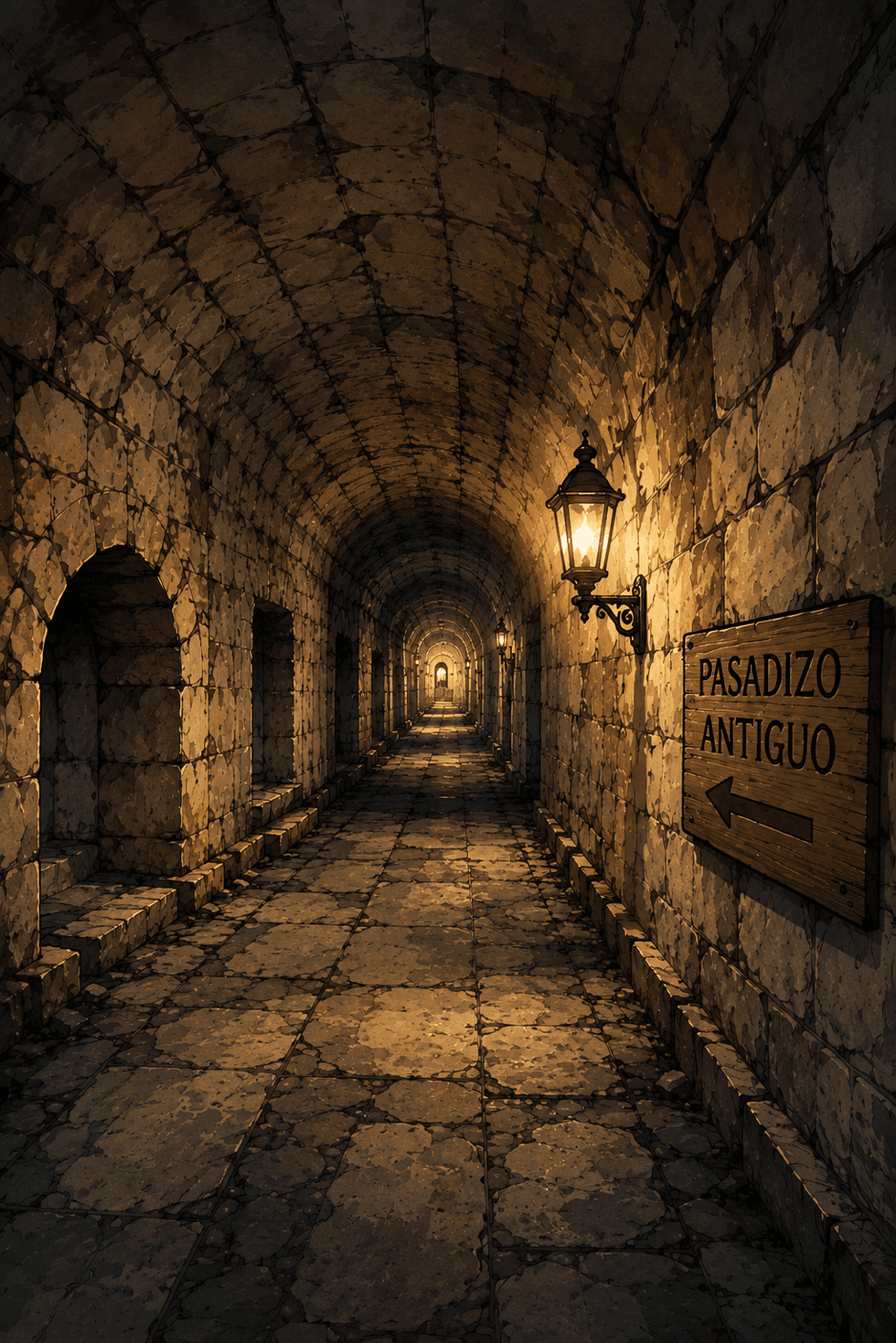 Dimly lit stone tunnel with lanterns and a sign saying "Pasadizo Antiguo."