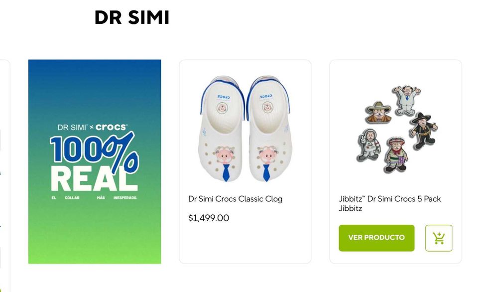Dr. Simi x Crocs ad with clogs and jibbitz, priced at $1,499.00.