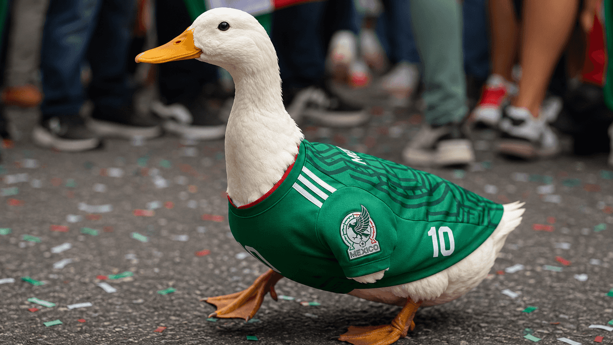 Duck in a green soccer jersey walking on a confetti-covered street.
