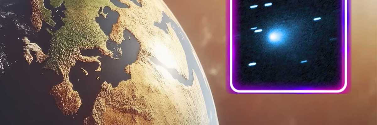 Earth with a glowing comet in a purple-bordered inset.