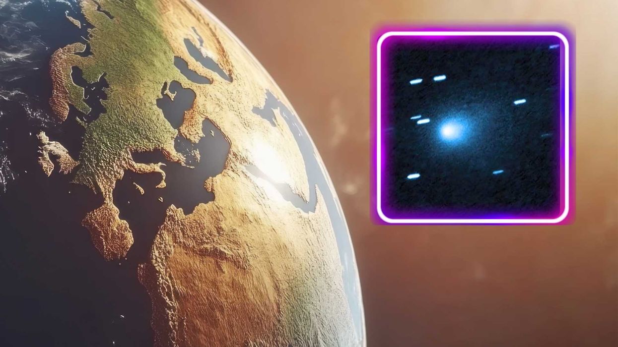 Earth with a glowing comet in a purple-bordered inset.