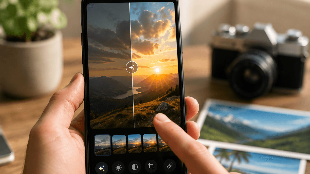 Editing a sunset photo on a smartphone with editing tools visible.