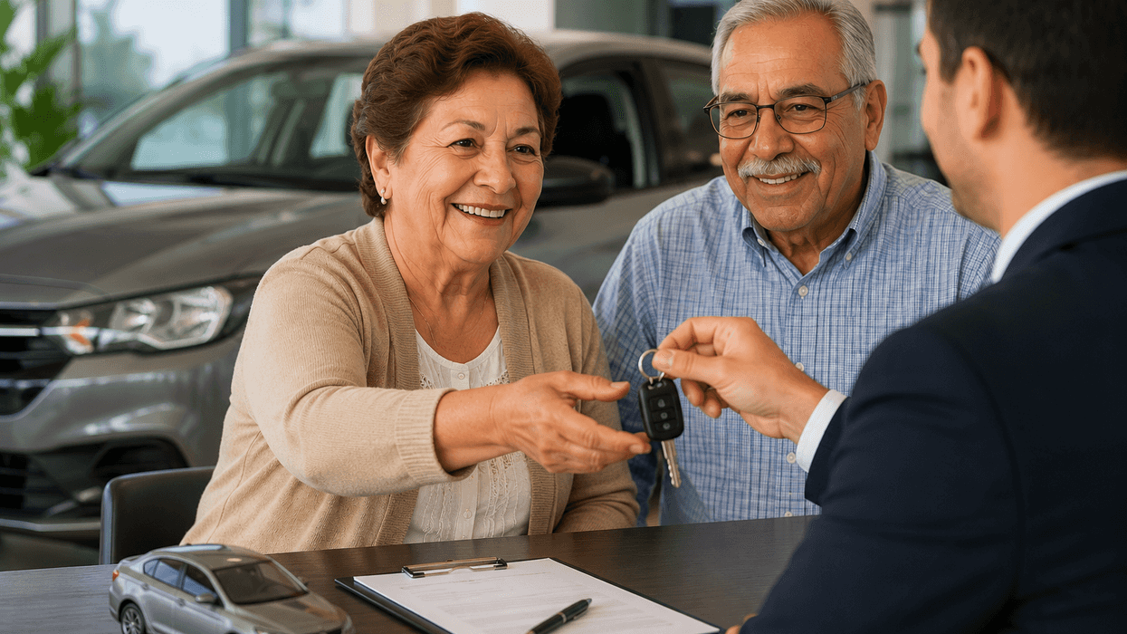 Elderly couple receiving car keys from salesman at dealership desk.