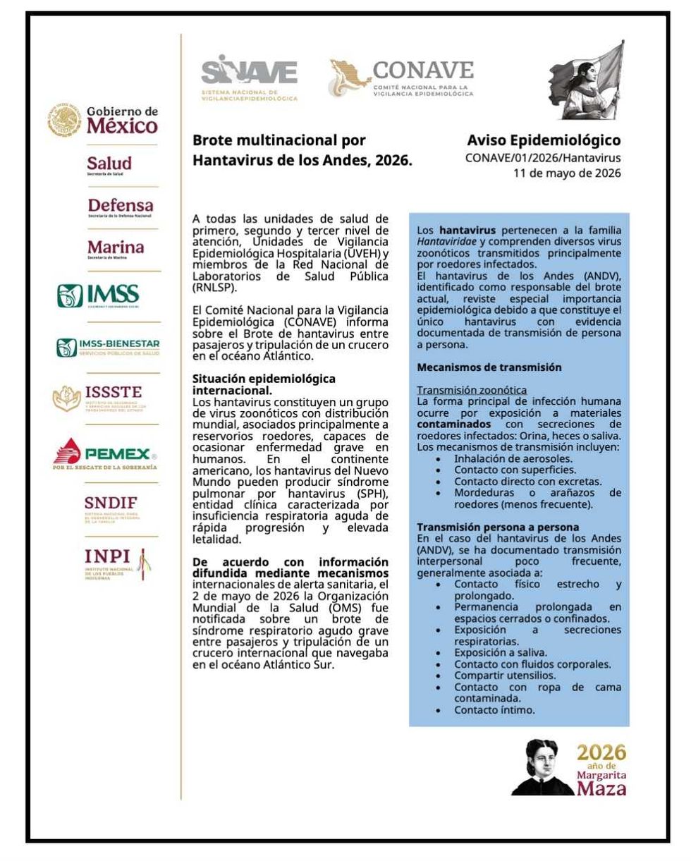 Epidemiological alert about Andes Hantavirus outbreak, issued May 11, 2026, by Mexican health.