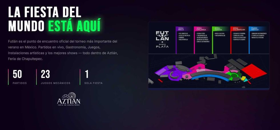Event advertisement with a site map for Futl\u00e1n at Feria de Chapultepec.