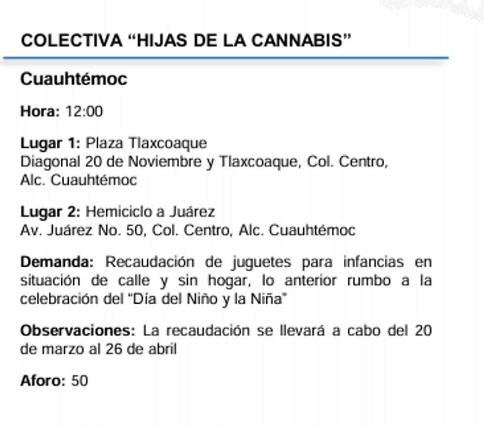 Event poster for "Hijas de la Cannabis" toy drive in Cuauht\u00e9moc, April 20.