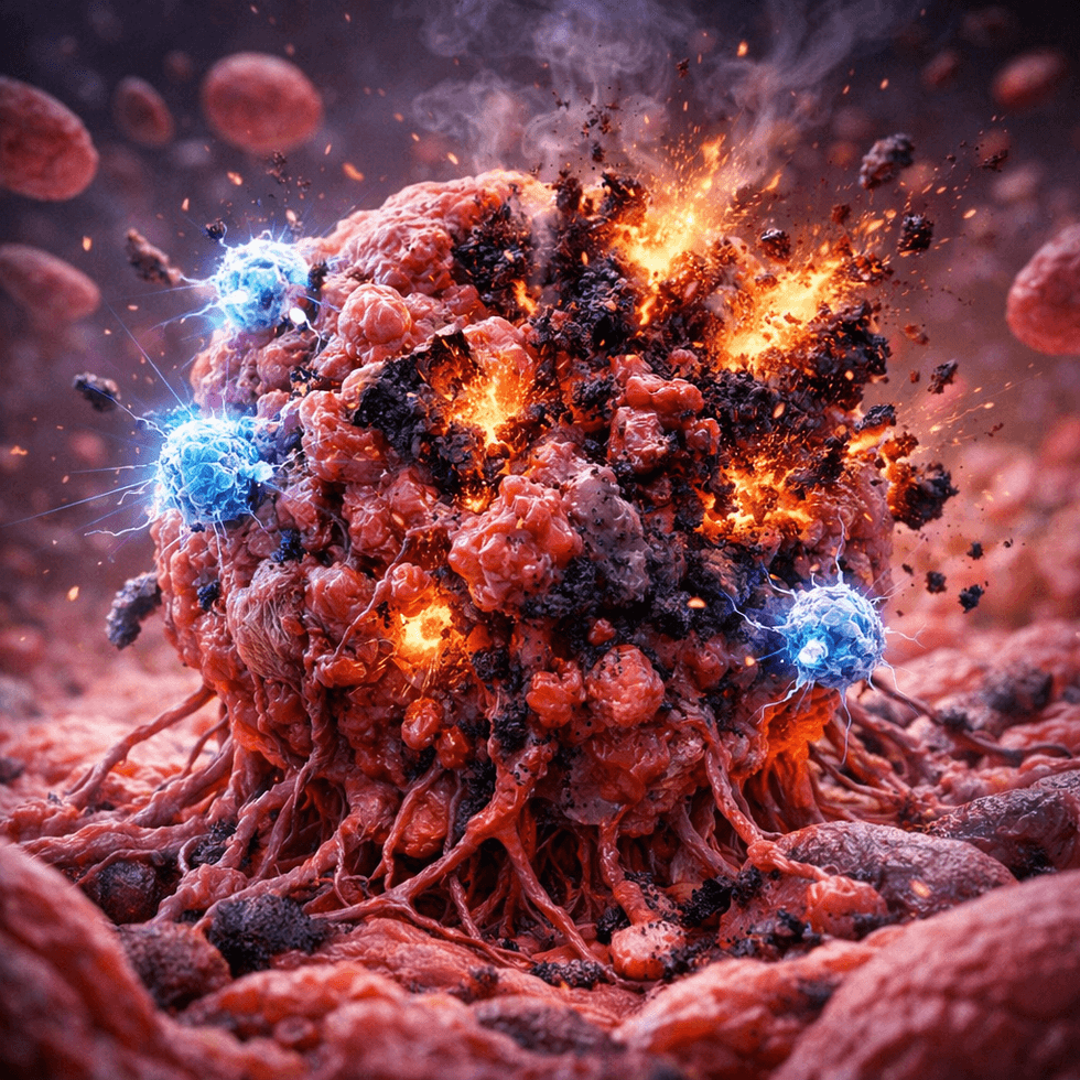 Exploding cancer cell in a fiery, sci-fi style, with blue energy cells surrounding it.