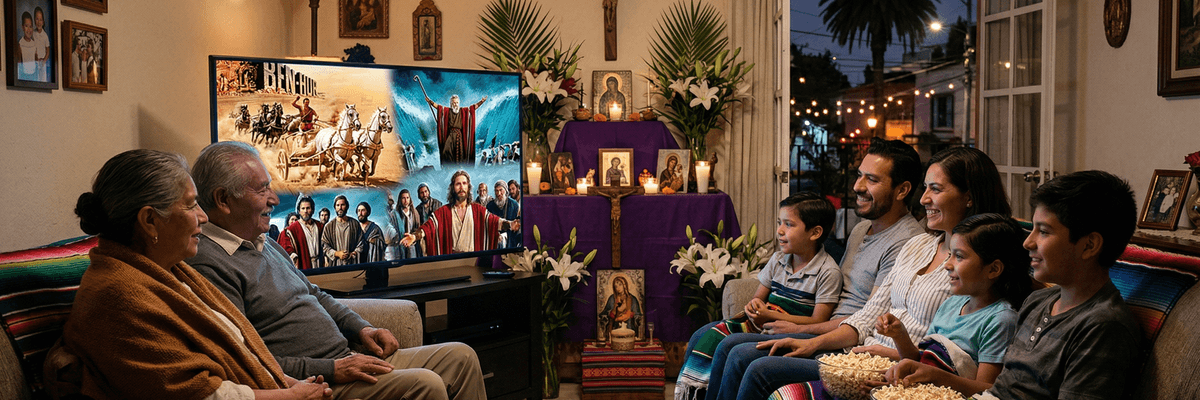 Family watching TV in a cozy living room with religious altar and festive lights.